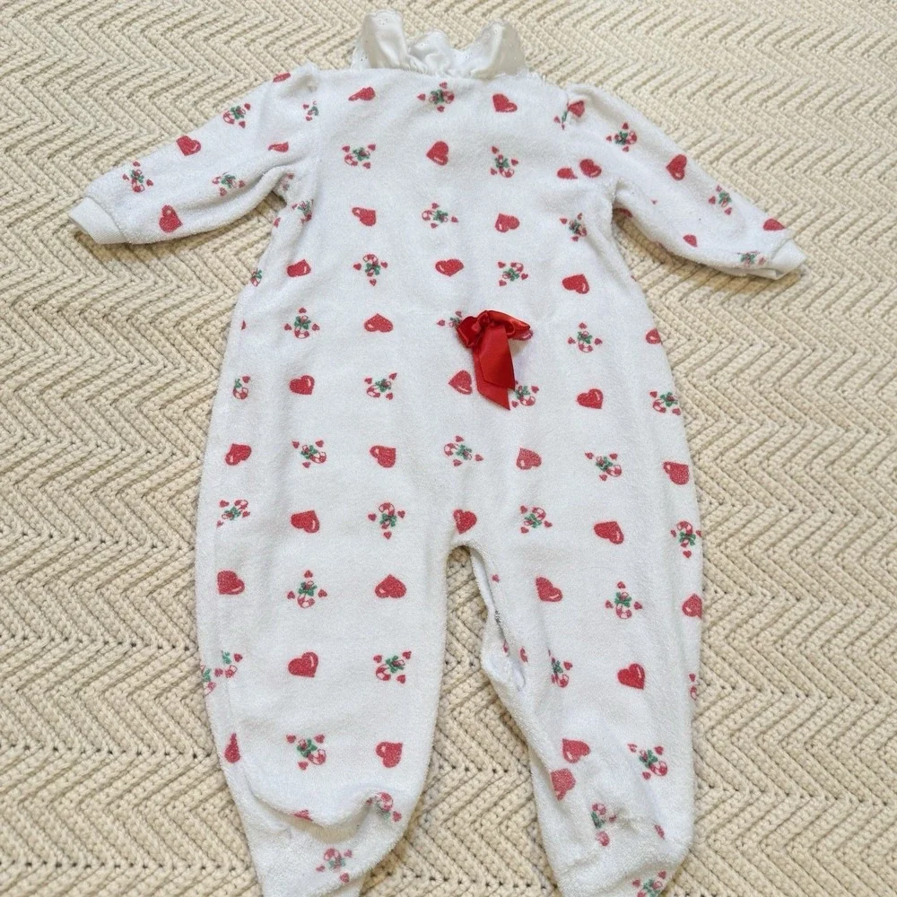 Hang in There Candy Cane Sleeper Size 6-9 Mo Hearts Terry Cloth XMas Bow VTG 90s